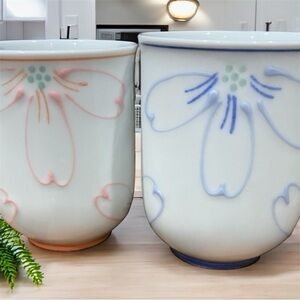Japanese Arita Yunomi Cylindrical Handless Floral Blue /Pink Ceramic Tea Cup Set